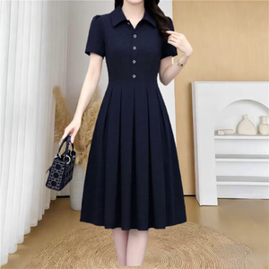 
High-end ice silk four-way elastic navy blue shirt dress summer short-sleeved new temperament slimming and age-reducing skirt
