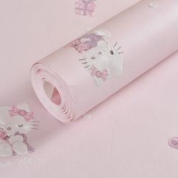 Kitty Cat Wallpaper Self-Adhesive Children's Room Wallpaper Eco-Friendly Girl Princess Pink Bedroom Cartoon Background Wall Wallpaper Thick