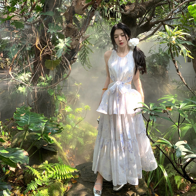 Yu Xiaoping Blues Iris Small Fresh Floral Design Niche Dress Spring Skillful Backless Long Skirt
