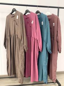 
18307 new Chinese style tilt placket button cotton linen long-sleeved dress loose large version pullover stand collar high waist midi skirt