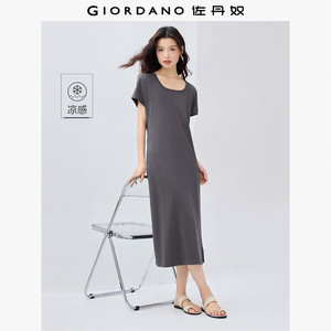 
Giordano straight long skirt for women black technology cool solid color simple square collar sleeve T-shirt dress 05465481