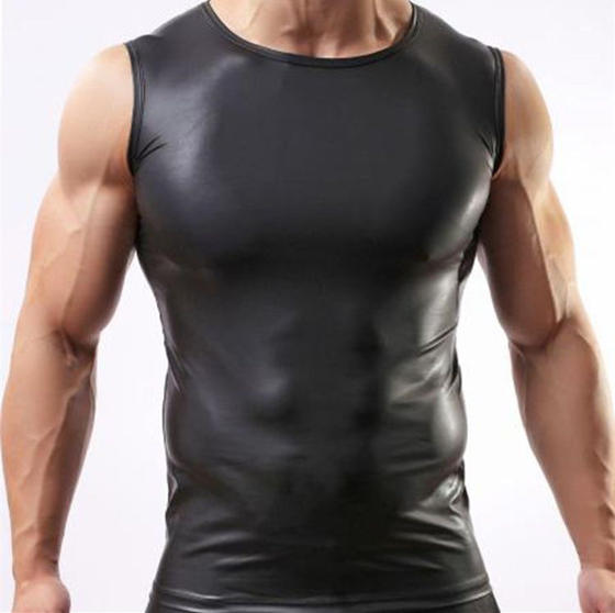 Qingcang leather vest male black vest PU fitness sports summer thin sexy tight sweat vest nightclub sleeveless