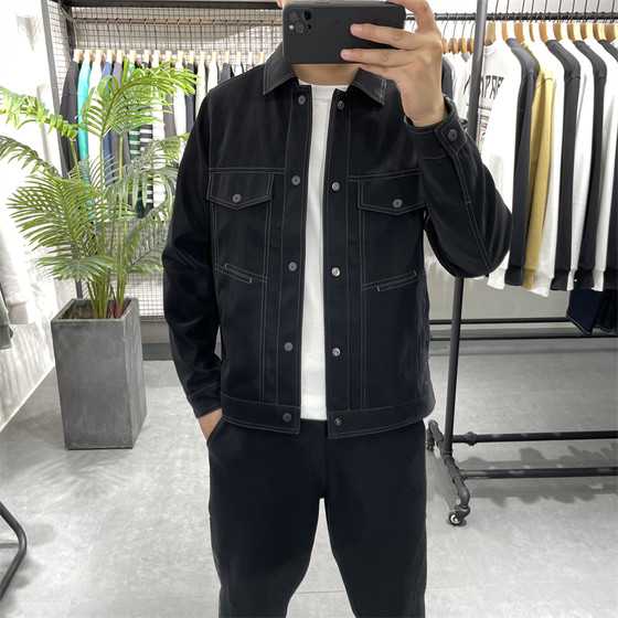 
Spring new leather jacket, men's leather jacket, youth trendy casual workwear jacket, lapel motorcycle jacket, velvet top