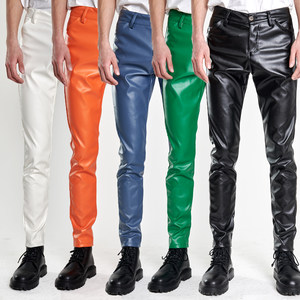 Spring and summer thin middle and middle -aged leather pants men's elastic locomotive slim feet green bar orange orange leather pants men's pants