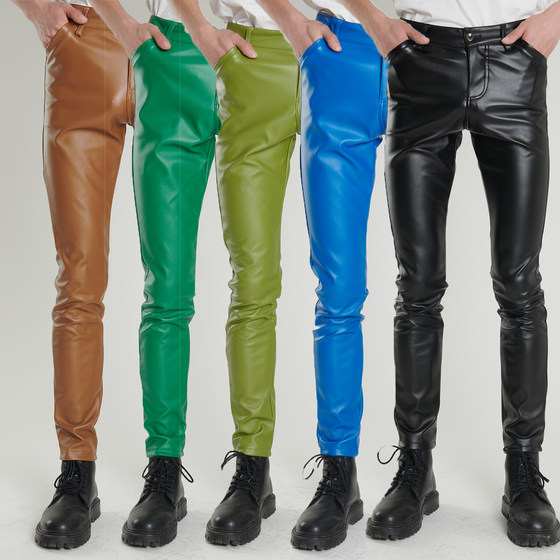 Spring and autumn young men's leather pants elastic slimming fashion, waterproof green blue bar tight -fitting velvet PU leather trousers