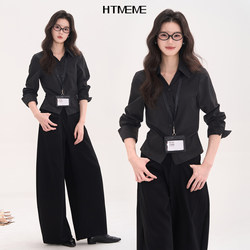 Flower Field Showcase Htmeme Champagne Gold~ Slimming Shirt with Unique Design, Niche Long-Sleeve Tie-Waist Top for Women