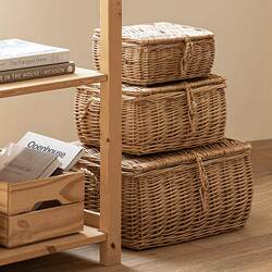 Rattan Woven Storage Basket with Lid, Wicker Storage Basket for Home Use, Large Capacity Storage Box for Clothes and Toys