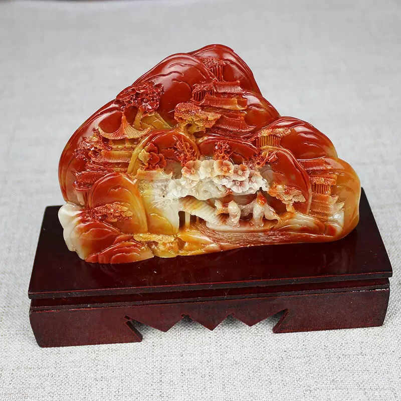 福建寿山石雕芙蓉石松下问童子成客厅办公室山水摆件石料