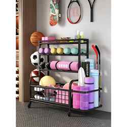 Sports and Fitness Equipment Storage Rack, Home Basketball Rack, Kettlebell Dumbbell Rack, Foam Roller, Yoga Mat Storage Rack with Wheels