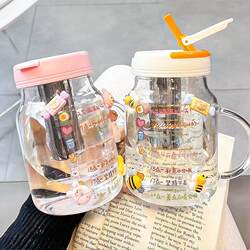 Large-Capacity Glass Straw Cup for Girls, Suitable for Office Use in Summer, High-Temperature Resistant, Portable, Trendy Ins-Style Tea Brewing Glass Cup