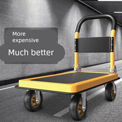 Small Cart for Transporting Goods, Flatbed Cart, Trailer, Household Four-Wheel Handcart with Fence, Silent Folding Lightweight Cart