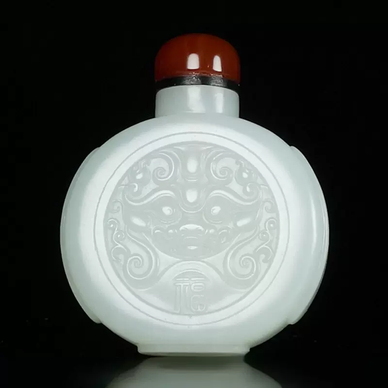 t9.25国大师张保国玉雕作品和田玉羊脂白玉兽面鼻烟壶52.0g-Taobao