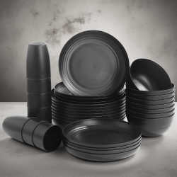Wheat straw household high-end round bowl, plate and cup set 32pcs rice bowl dish plate black tableware set