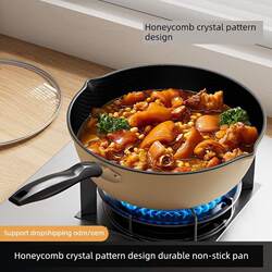 New Honeycomb Pattern Non-Stick Multifunctional Iron Wok for Home Use, Double-Spout Frying Pan, Universal Stove-Compatible Flat-Bottomed Pan