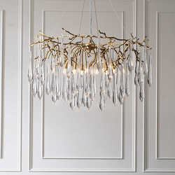Light luxury crystal chandelier, post-modern simple living room lamp, American French style atmospheric all-copper branch water drop lamp