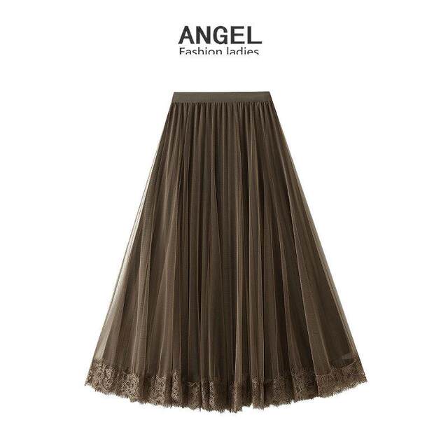 Pleated skirt for women in autumn and winter spliced ​​lace skirt for mid-length two sides with draped fashionable mesh big hem skirt 8611
