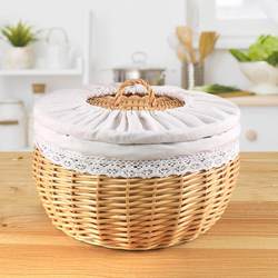 Rattan Steamed Bun Basket with Lid, Insulated Willow Woven Bread Basket, Toy Snack Egg Basket, Steamed Bun Storage Box for Tabletop