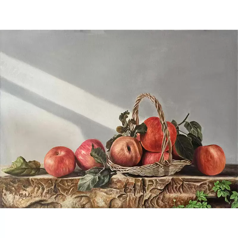 关瑞新《石板上的苹果》布面油画原作原创孤品写实静物油画