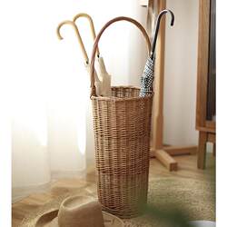 Japanese-Style Wicker Umbrella Storage Basket for Home Entrance, Rattan Woven Laundry Hamper, Portable Storage Basket