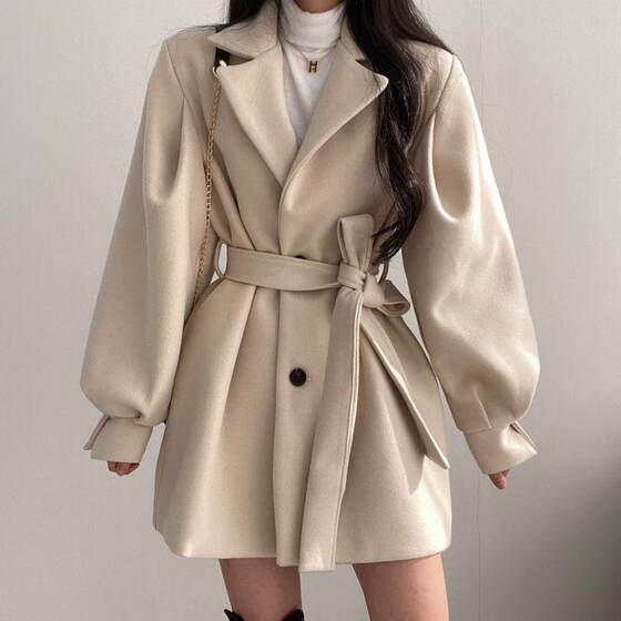 
Short cashmere coat for women with waist 2025 new autumn and winter small mid-length trench coat high-end woolen jacket