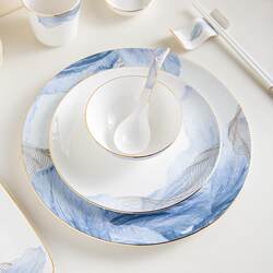 New Chinese style high bone china star hotel tableware set eight-piece gold-rimmed bowls and plates restaurant club reception