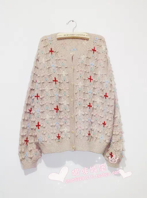 复古vintage 羊毛手工编织立体球球浮花复古毛衣森女田园