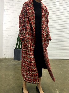 European and American big brand imported wool woven small fragrant style coarse tweed lapel silhouette long coat elegant autumn and winter coat