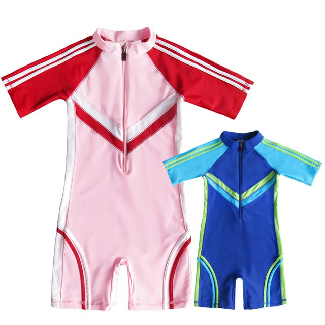 Children's swimsuit short -sleeved sunscreen boys and girls, children, baby, sports, leisure surfing, flat -angle conjoined swimsuit
