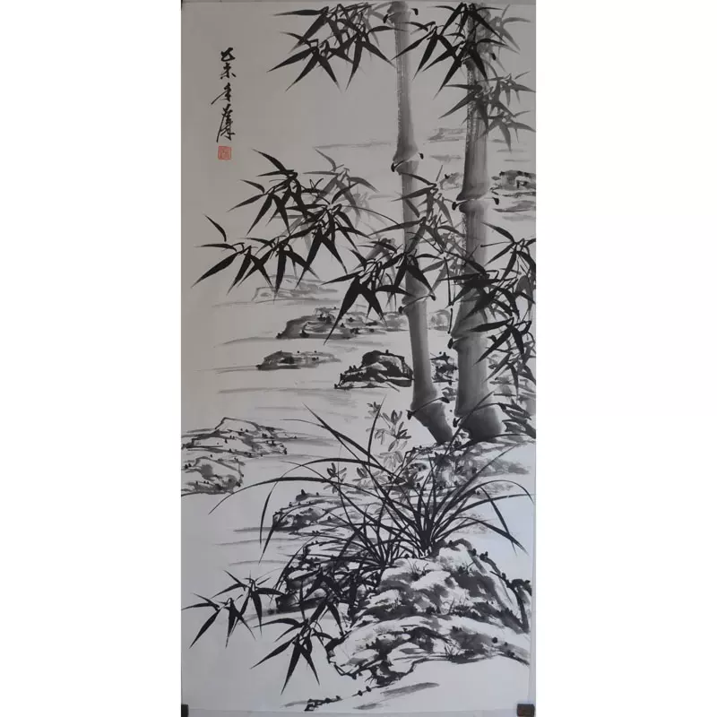 中国美術・純手描き四連山水画芯・水墨画・張大千印款・肉筆・宣紙 