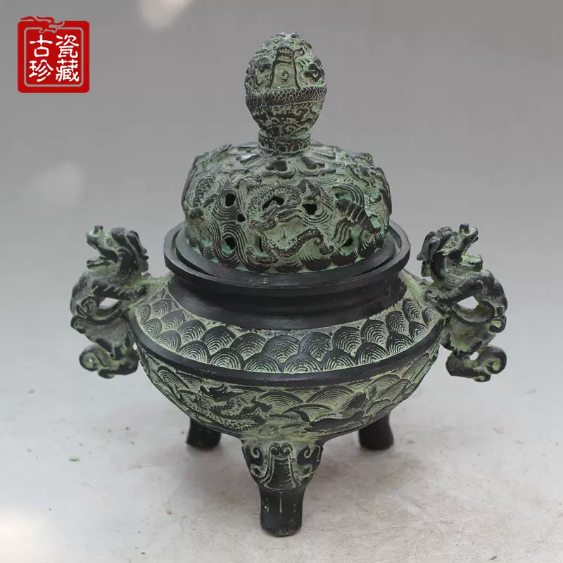 古玩铜器收藏仿古青铜器家居摆件青铜熏香炉檀香炉双龙小铜鼎-Taobao 