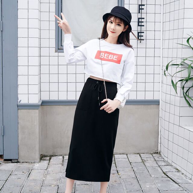 versatile mid-length half-body new slit long skirt black skirt 2024 half-skirt high-waisted skirt women's step
