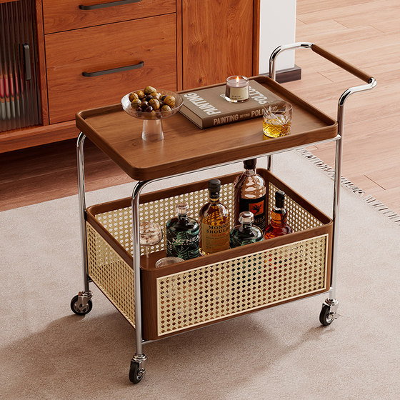 
Solid wood movable side table storage medium-sized trolley living room sofa storage rack rattan simple dining car