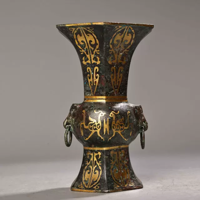 古玩收藏纯铜鎏金六角花瓶摆件汉代老铜器错金银双耳