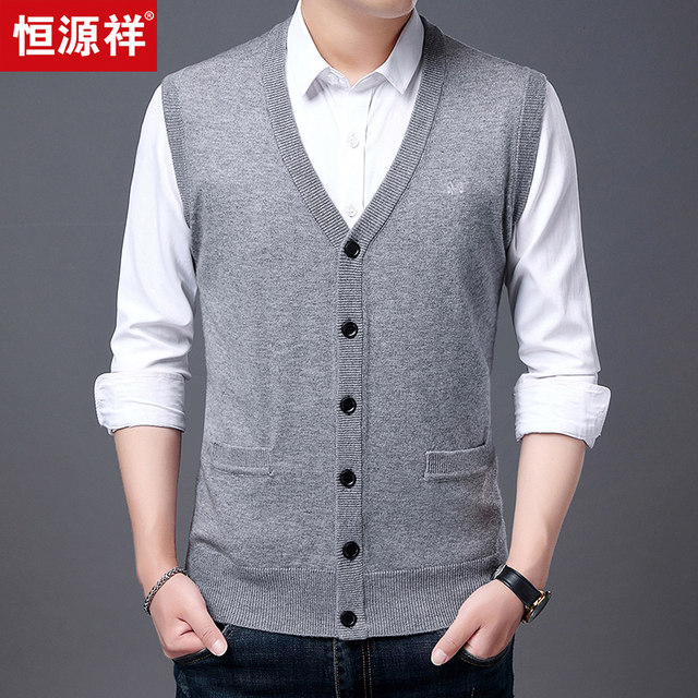 Hengyuanxiang 100 pure wool vest men's autumn and winter wear V-neck ...