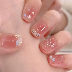 New French-Style Short Kt Cat Pink Heart Bow Nail Art, Cute Student Party Style, Brightening Wearable Nails