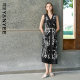 Color black and white printed sleeveless dress 2025 early autumn new elegant mid-length V-neck skirt for women