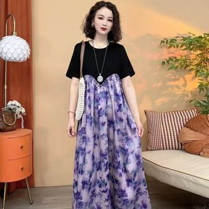 
Romantic dress vacation style new Chinese summer clothing for women short-sleeved color-blocking middle-aged women's clothing for mothers' seaside dress