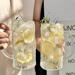 Tree-Patterned Glass Cup with Handle, Large Capacity, Summer Household Drinking Cup, Beer Cup, Juice Cup, Cold Drink Cup