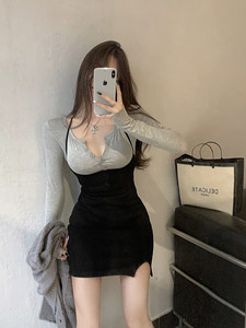 High -waist split new suspender dress waist waist is thin sexy hip short skirt spring and summer female retro small