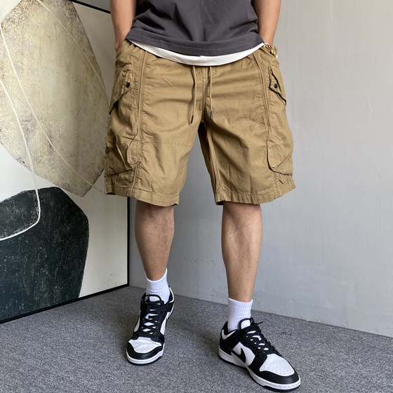 Summer American casual handsome heavy khaki large pocket work shorts men's loose drawstring five-point pants trendy
