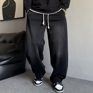 
Spring American casual and handsome retro old black hoodies men's straight loose drawstring sports wide-leg pants trendy