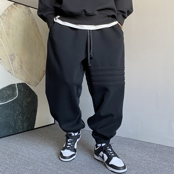 
Spring American casual handsome high-end striped black sweatpants men's loose drawstring versatile sports leggings trendy