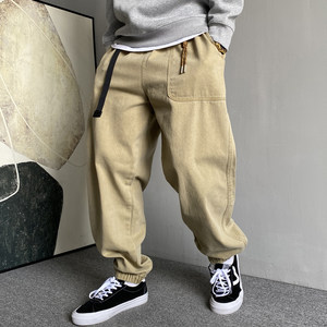 Autumn American leisure and handsome heavy water washing khaki big pocket pants pants men's loose cotton beam pants
