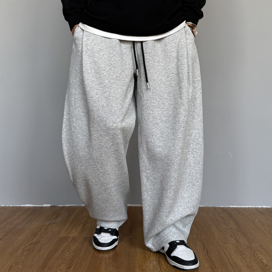 
Autumn American casual handsome heavy gray knitted sweatpants men's straight loose drawstring versatile wide leg pants trendy