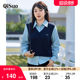 Qisao plus size pullover top for women 2025 spring new fat mm fake two-piece spliced ​​vest contrasting color long-sleeved shirt