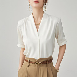 White Shirt for Women 2026 New Summer Short-Sleeved V-Neck High-End Elegant Satin Shirt for Commuting and Interviews