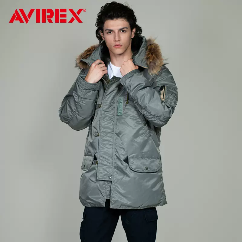 AVIREX素面N-3B 羽绒服 冬季中长款外套光面 男女同款 偏大-Taobao