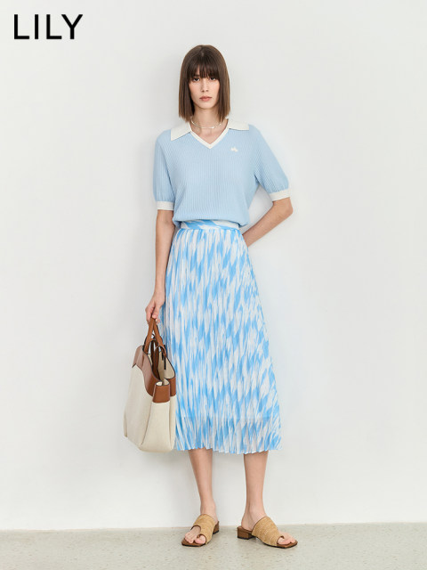 LILY summer new women's clothing, romantic retro print design, elegant high-waisted A-line slim skirt