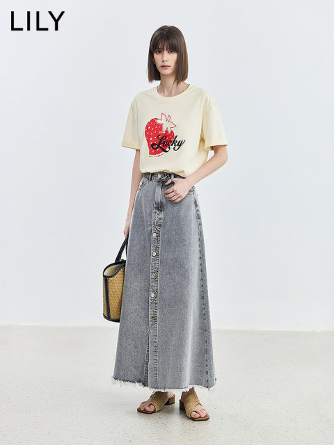 LILY summer new retro washing denim A-shaped simple skirt mid-length
