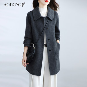 
High-end grey double-sided fleece coat for women mid-length wool small waist-hugging mother slim jacket autumn and winter